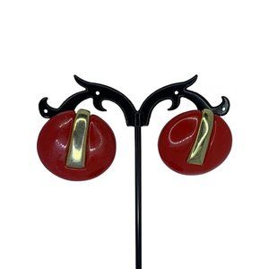 Vintage Plastic Red and Goldtone Dot Pierced Post Earrings 1 1/8" Diameter